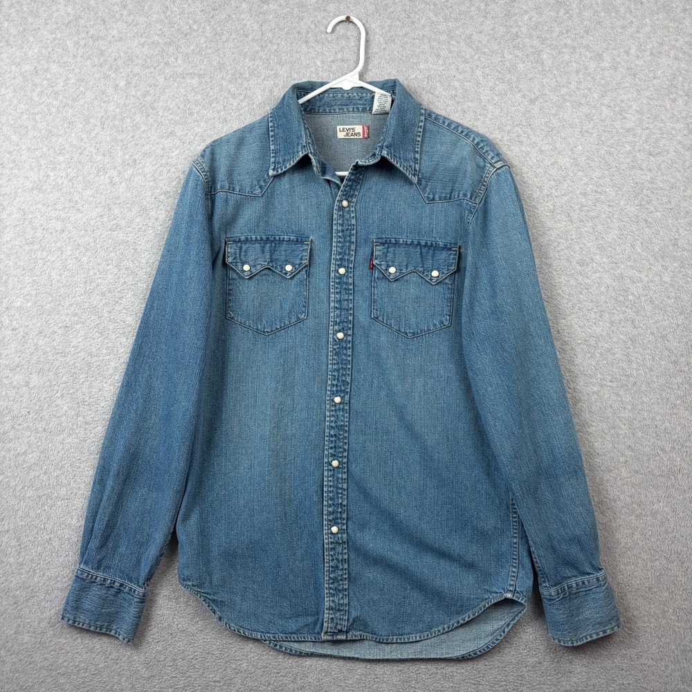 Vintage Levi's Shirt Mens Small Blue Denim Pearl Snap Sawtooth Western Y2K